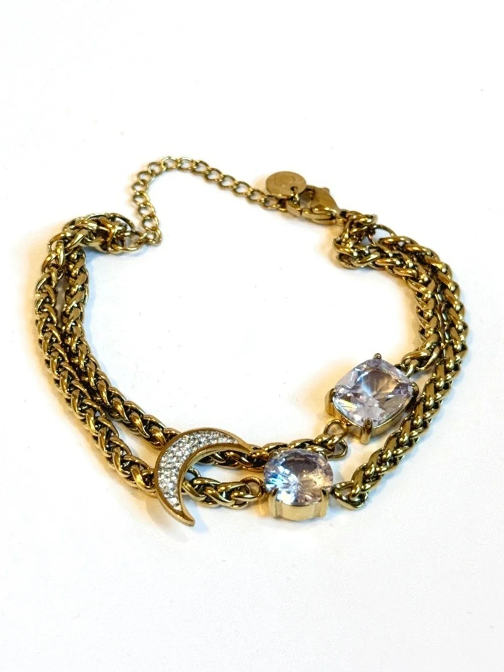 Gold Celestial Crescent Moon Crystal Double Chain Bracelet NWT